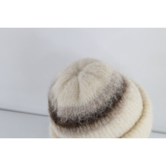 Vintage 70s Streetwear Striped Wool Mohair Ribbed Knit Winter Beanie Hat Womens